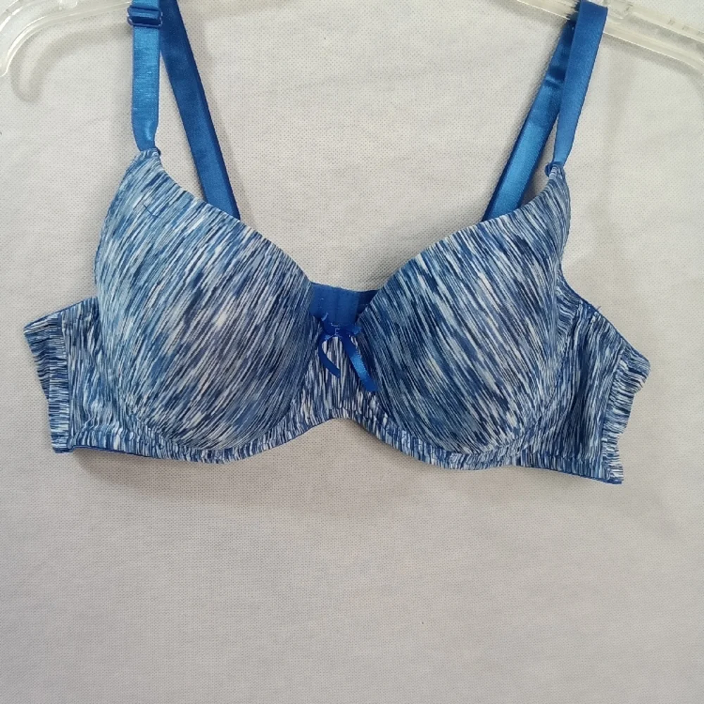 Mottled Blue Full-Coverage Bra‎ with Decorative Detail
